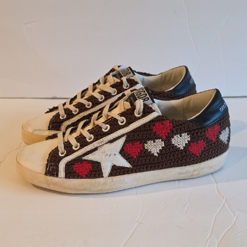 Golden Goose Superstar Brown Sneakers Red and White Heart Design GGDB  Size 39
